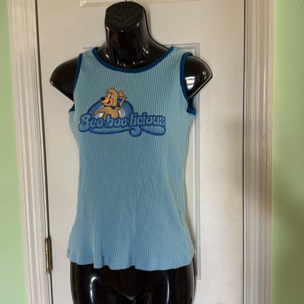 Y2K Hanna Barbera Yogi Boo Boo Blue Ribbed Ringer  100% Cotton Babydoll Tank Med